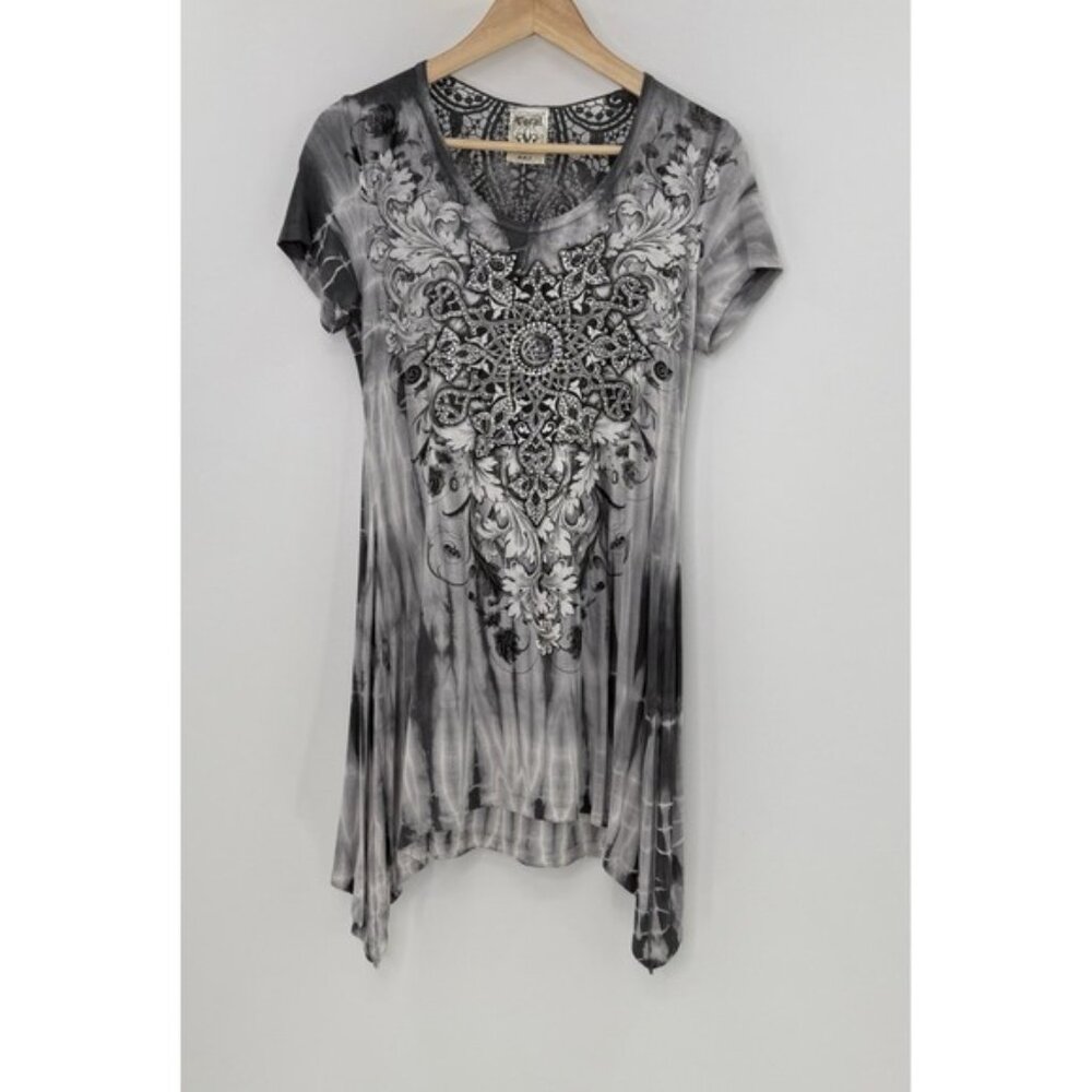 Vocal USA Vtg Round Neck Lace Back Tunic Grunge Biker Boho Bling Y2K Size L